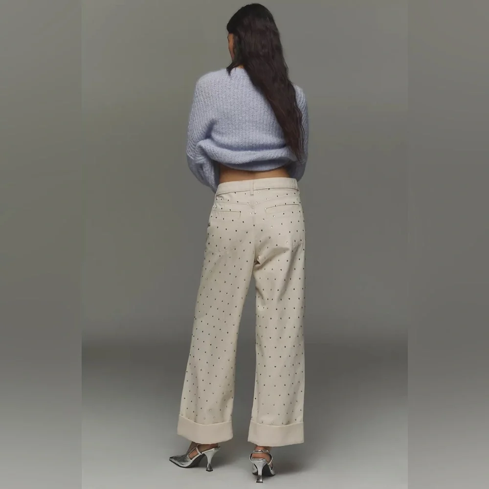 NWT Anthropologie Pilcro Sparkle Relaxed Wide Leg Cuff Jeans Ivory 30